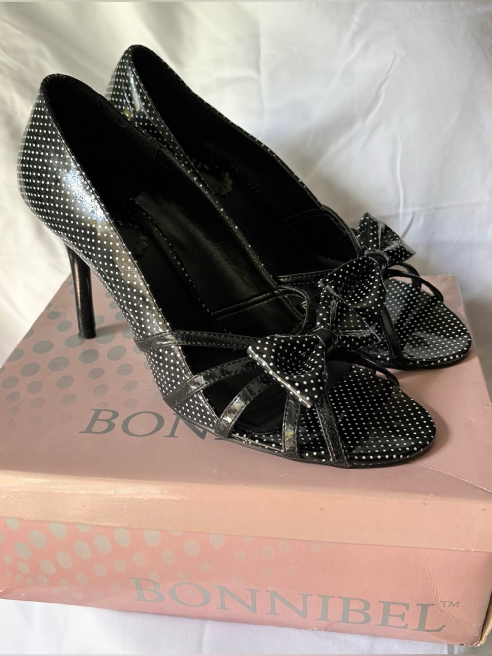 Bonniebel Black & White patent leather polka dot heels